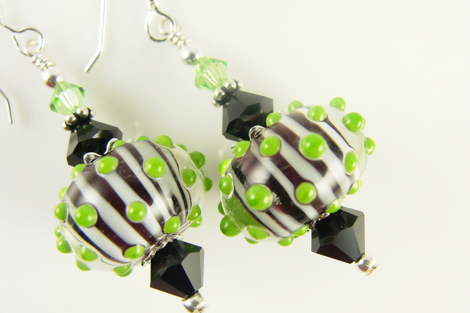 Black White Lampwork Earrings,  Dangle Earrings, Glass Bead Earrings, Beadwork Earrings, Lampwork Jewelry, Lime Green Earrings