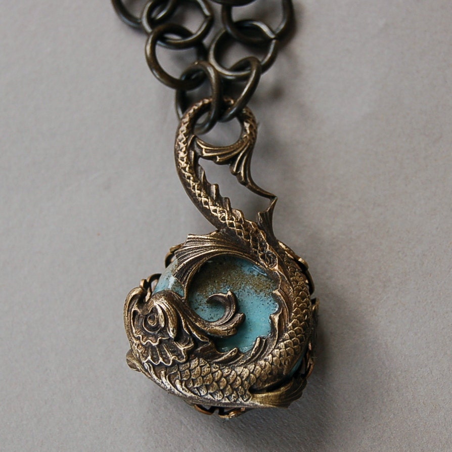 Ceramic and Dolphin, Aged Brass Pendant Necklace: Dolphin Tales