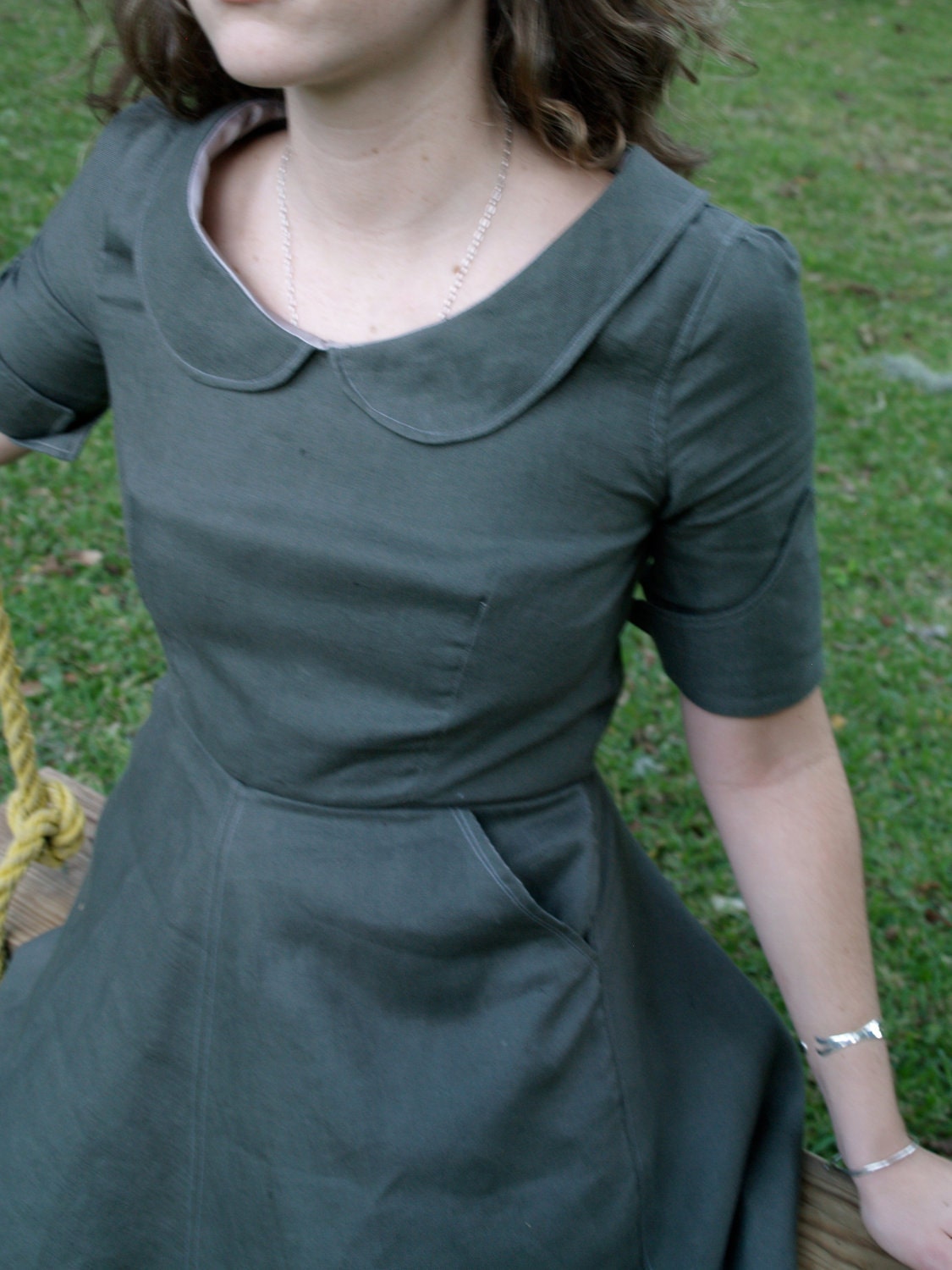 soot grey linen dress with peter pan collar- made to measure