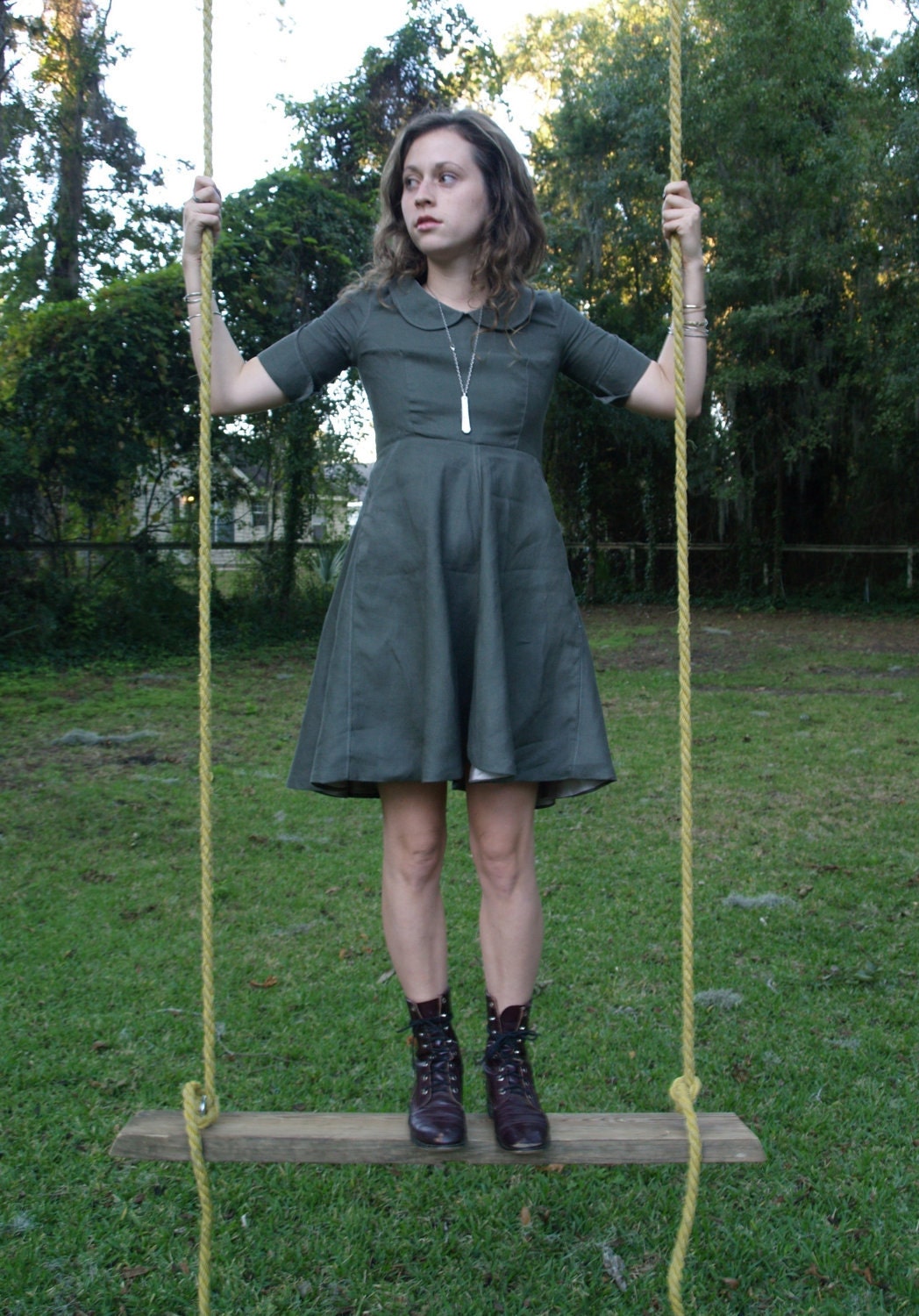 soot grey linen dress with peter pan collar- made to measure