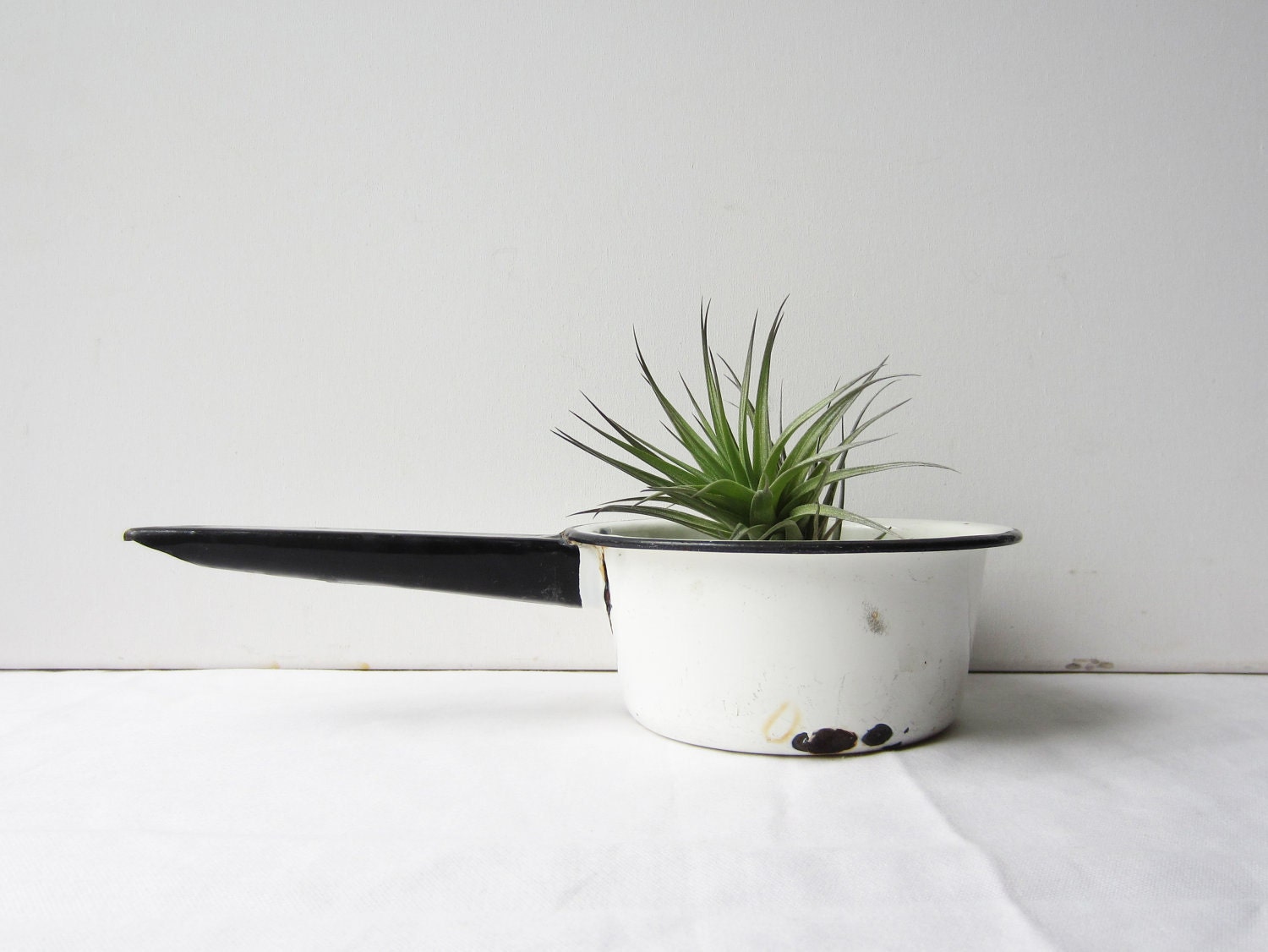 Vintage Enamel Pot - Petite Black and White Sauce Pan