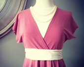 Pink Party Dress with Kimono Sleeves and Low Neck Line and White Bow Belt around the Waist
