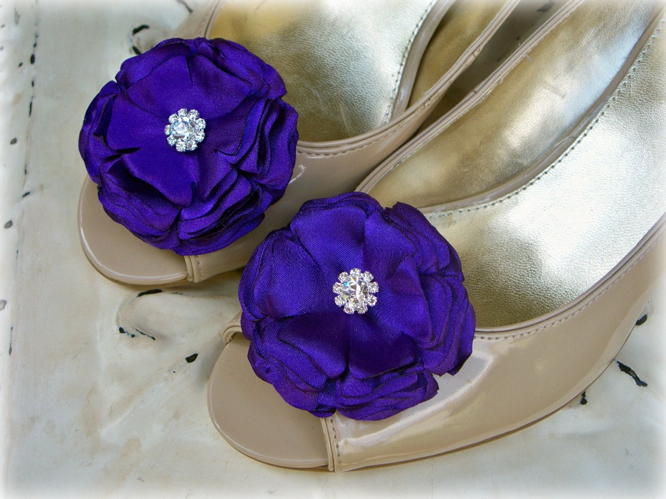 Satin Flower Purple - Hairpins or Shoe Clips - Crystal Rhinestone - Wedding Accessories - Pick your Color - SC42