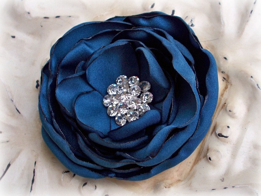 Deep Teal Hair Flower - Hair Clip or Dress Brooch - Bridal Bridesmaids - Crystal Rhinestones - Wedding Accessories - Many Colors