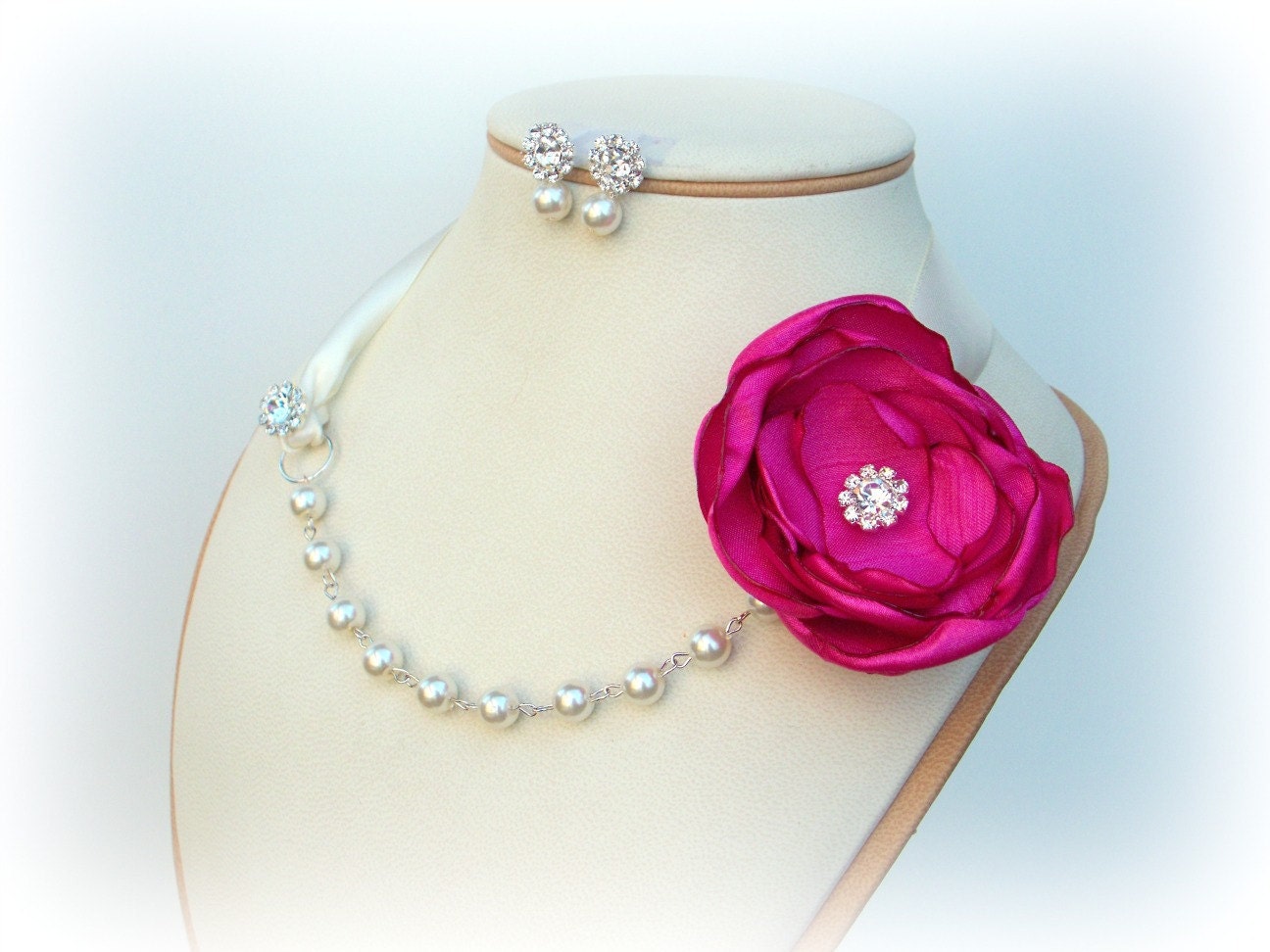 Pearl Crystal Ribbon Necklace with Fushia Hot Pink Shantung Flower - Bridal Bridesmaids - Bridal Party Gifts - Many Colors