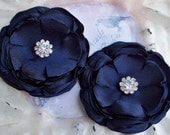 Navy Satin Rhinestone Flower Set - Hairpins or Shoe Clips - Something Blue - Bridal Bridesmaids Gifts - Signature Design - Many colors-