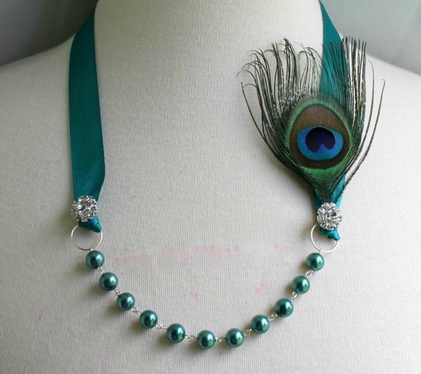 Bridal Jewelry Necklace  - Pearl Ribbon Necklace - Teal Necklace - Peacock Feather - Bridesmaids Gifts - Many Colors - peaceandglorydetails