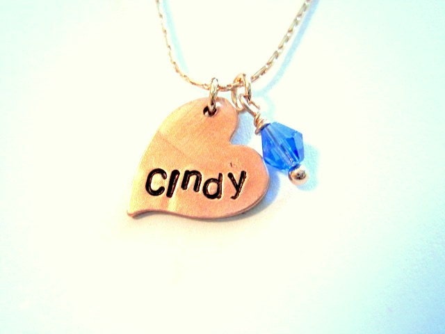 Personalized Name Handstamped Copper Heart with Crystal Custom Sweetheart Statement Necklace