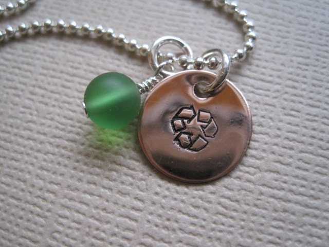 Recycled Copper  and Glass Necklace Handstamped - Sterling Silver