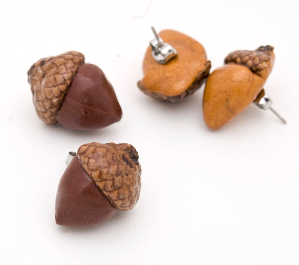 Acorn stud earrings - real caps adorable polymer clay for every season - select a color