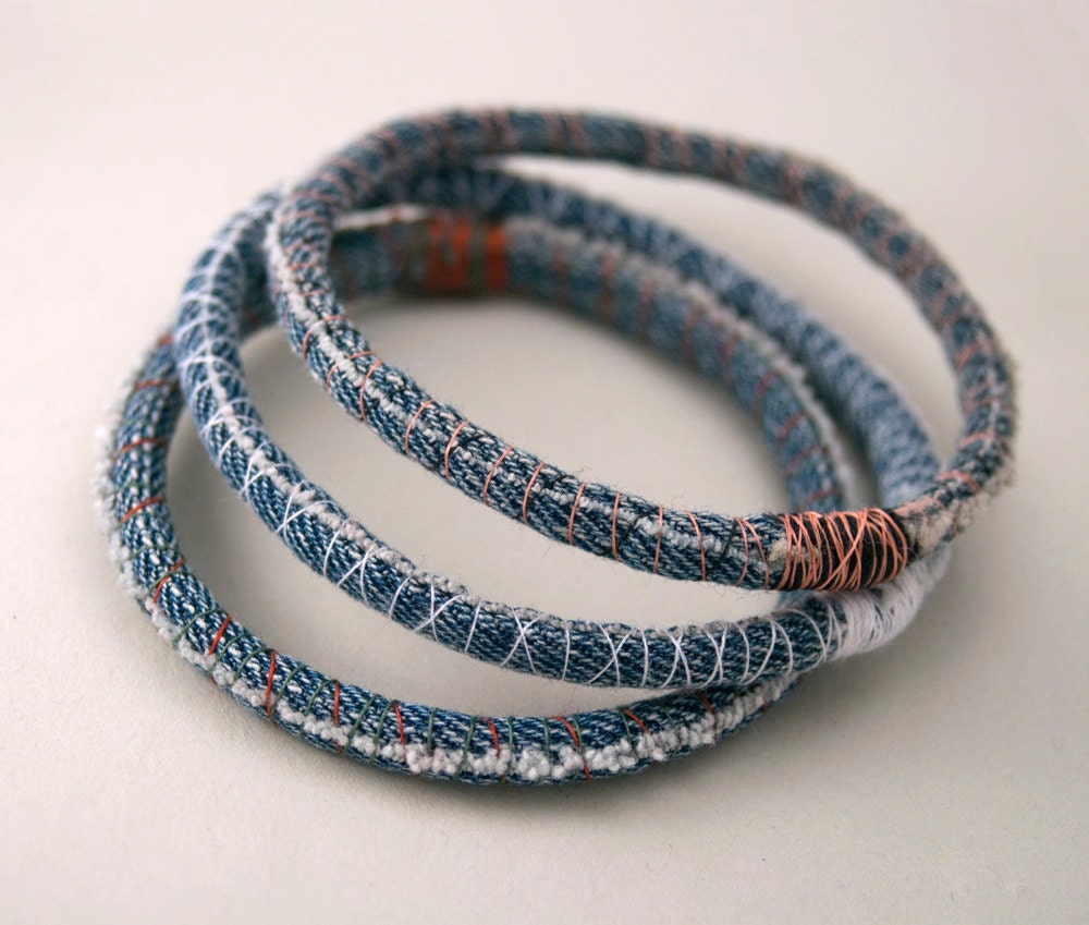 3 three upcycled denim bracelets - repurposed jean bangles - made to order in your size and thread colors - amberhlynn