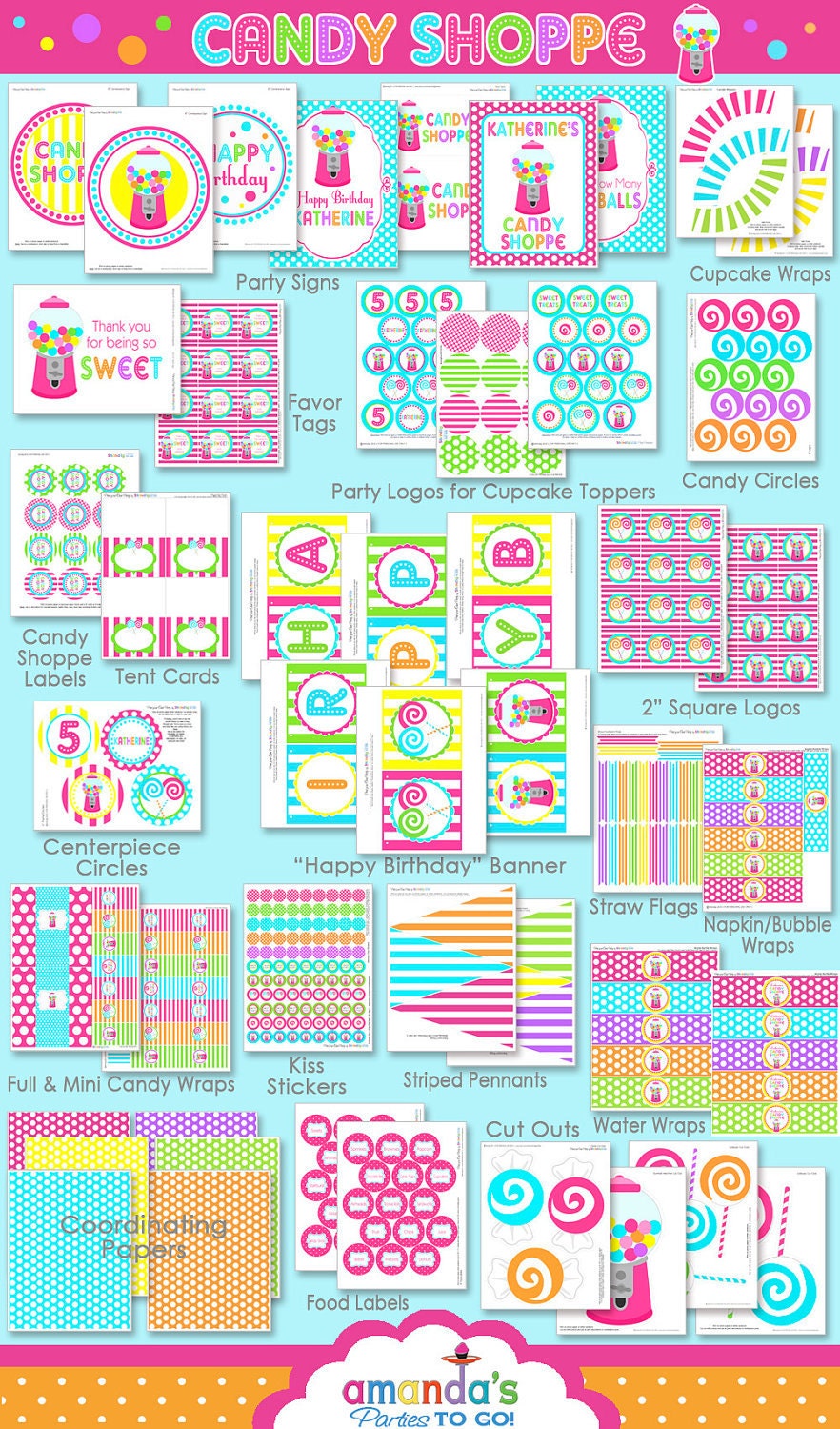 Candy Sweet Shoppe Party Printables Set - Candy Birthday - Gumball - Lollipop by Amanda's Parties TO GO