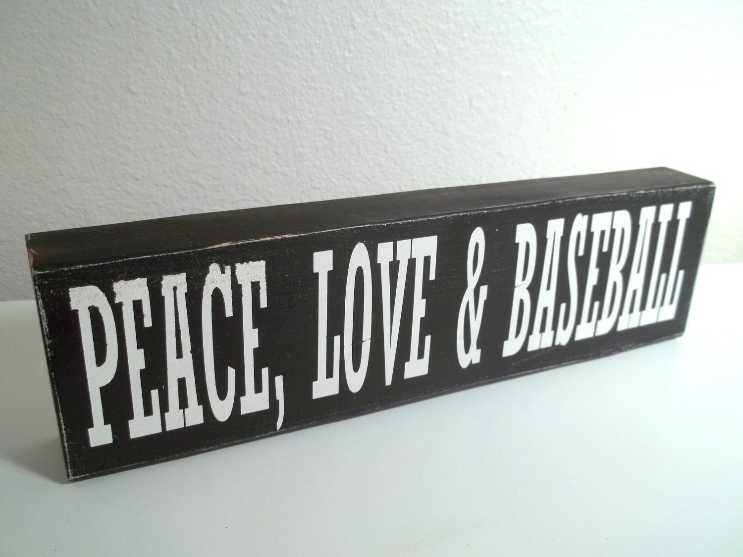Black and White Peace Love and Baseball Painted Wood Sign