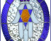 Stained Glass Suncatcher - Blue & Gold Jewish Hamsa Design - 9 1/2" x 12" - 9576-BB