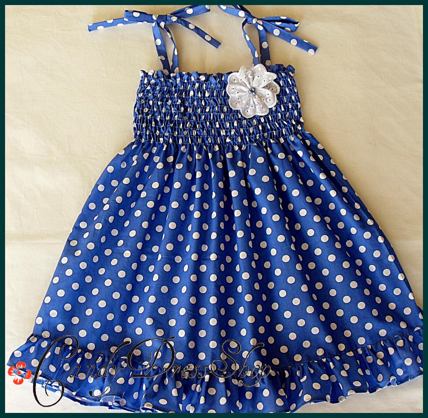 Dark Blue and white polka-dot dress for little girls-Size 3T-4T(Available in size 6 month to 6 years) toddlers  for baby girls photo prop
