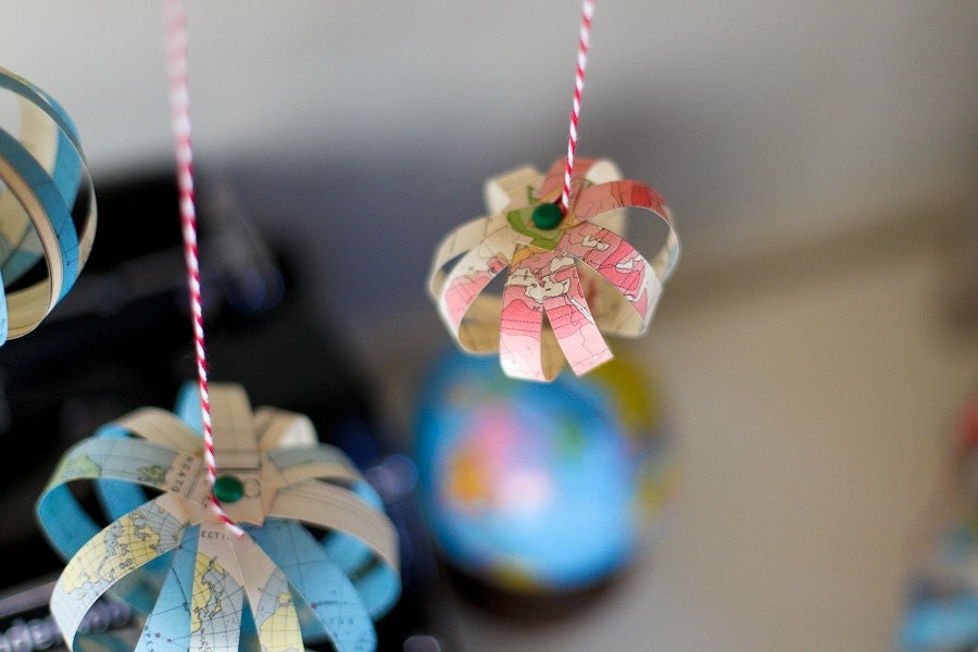 Paper Globes made with Vintage Maps - One of a Kind Wedding Decor- Set of 3.