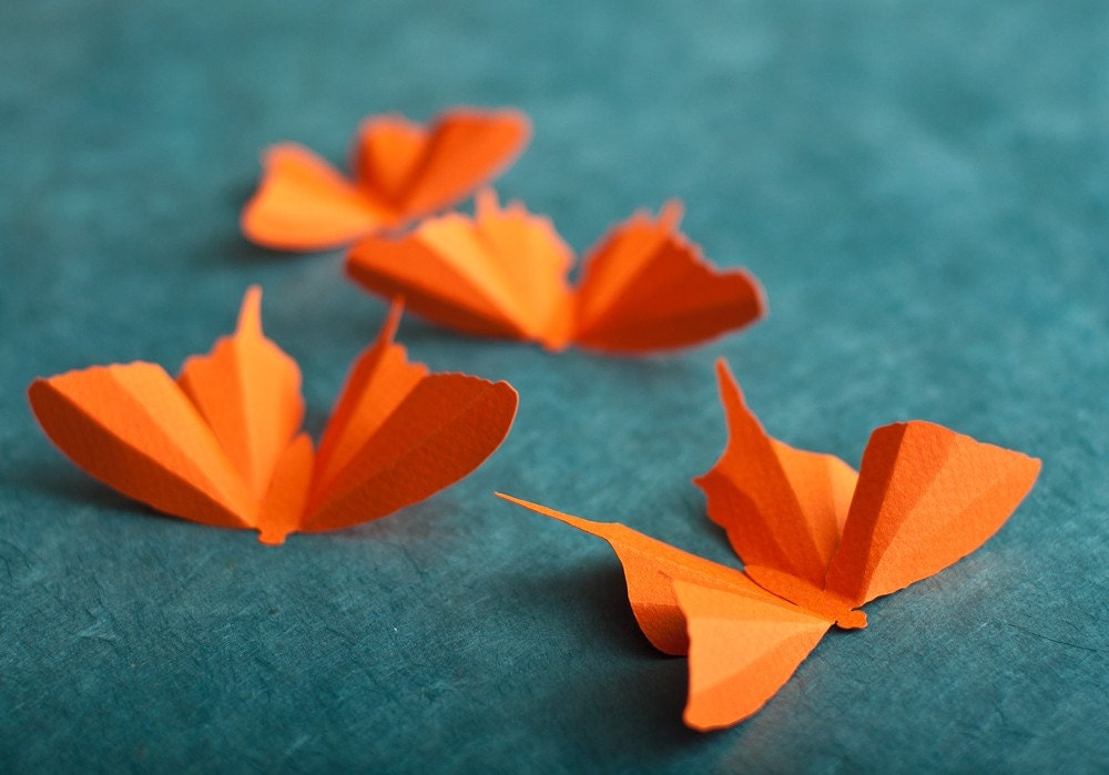3D Wall Butterflies, 10 Carrot Orange Butterfly Silhouettes for Girls Room, Nursery, and Home Art Decor