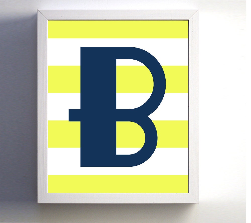 Monogram Retro Vintage Custom Stripe Navy Bright Yellow wall decor more colors available 11x14
