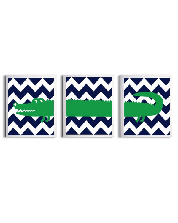 Kids Wall Art Girl Boy Art Alligator Chevron Kelly Green Navy Zoo Safari Jungle Wetlands Set of 3 each 11x14