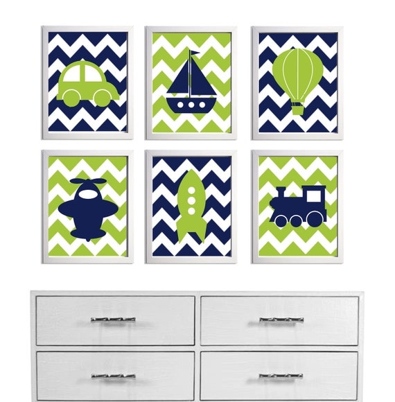 Transportation Nursery Art Chevron Navy Lime more colors available set of 6 each 8x10