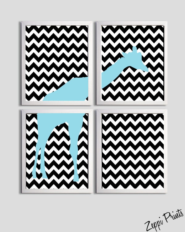 Nursery Boy Art Chevron Yellow Grayl Giraffe set of 4 prints each 8x10