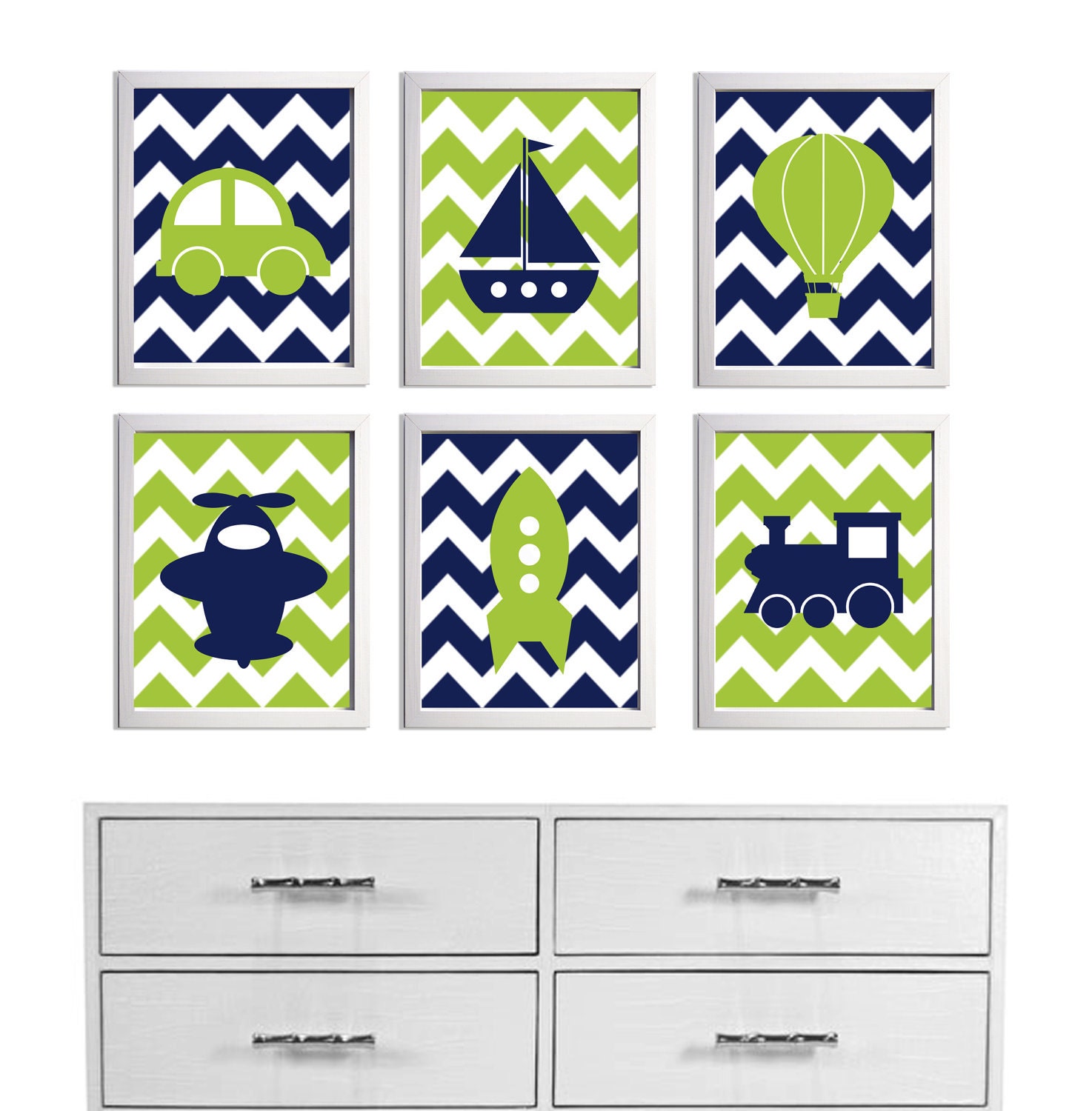 Transportation Nursery Art Chevron Navy Lime more colors available set of 6 each 8x10