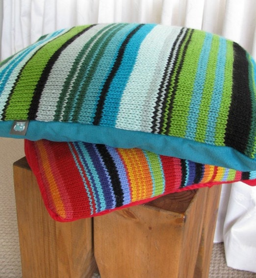 Knitted Striped Turquoise, Green & Black Cushion Cover