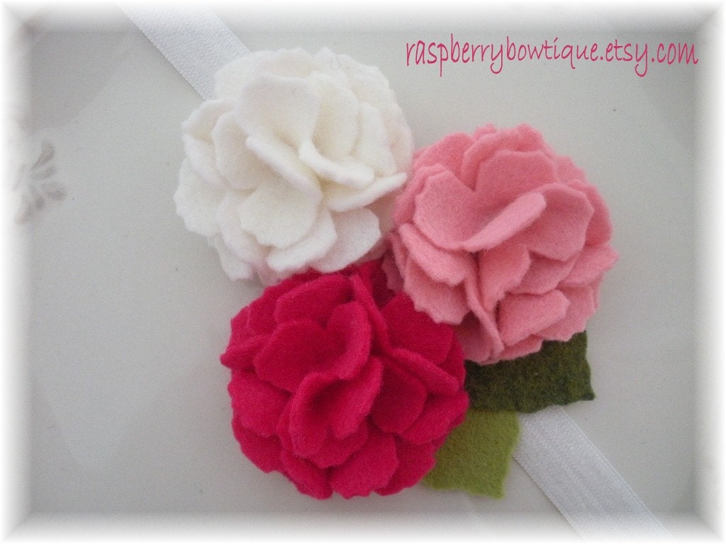 Baby Headband Felt Flower Headband Wool Felt Flower Kate-White, Cotton candy, Fuschia-U PICK Headband, or Hair Clip, or Brooch