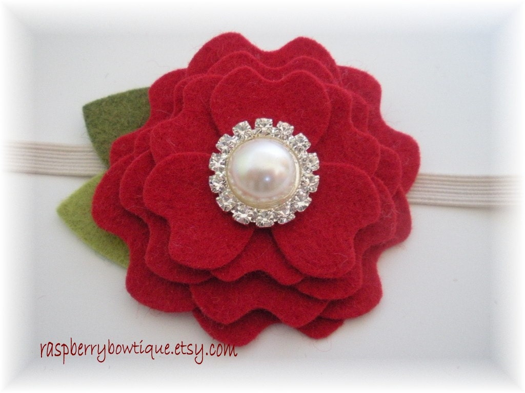 Caroline Wool Felt Flower Baby Headband Wool Felt Flower-Red-U Pick Hair Clip, or Elastic headband, or Brooch
