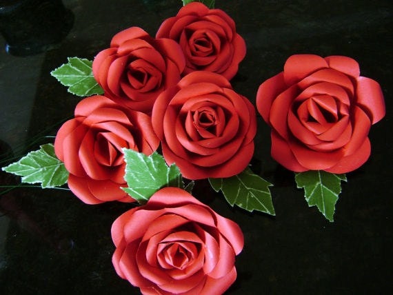 bouquet of 6 long stemmed red  paper flower roses with green leaves for birthday or weddings or get well or graduation
