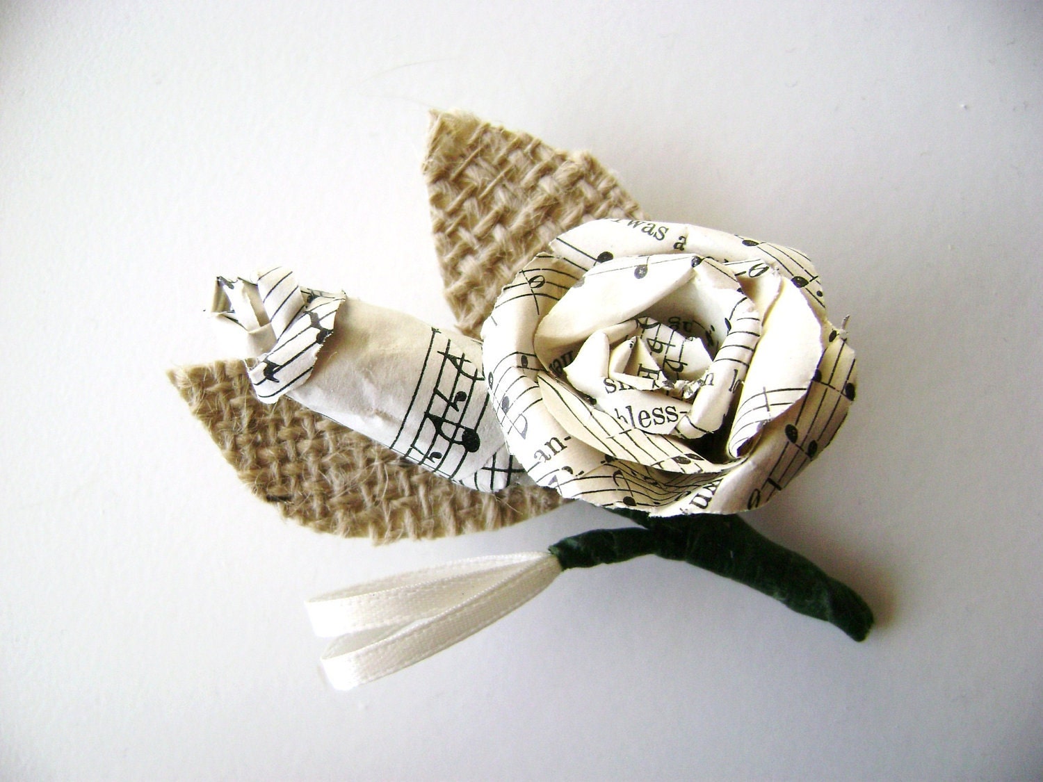 vintage sheet music paper rose and bud boutonniere with burlap leaves for weddings and proms