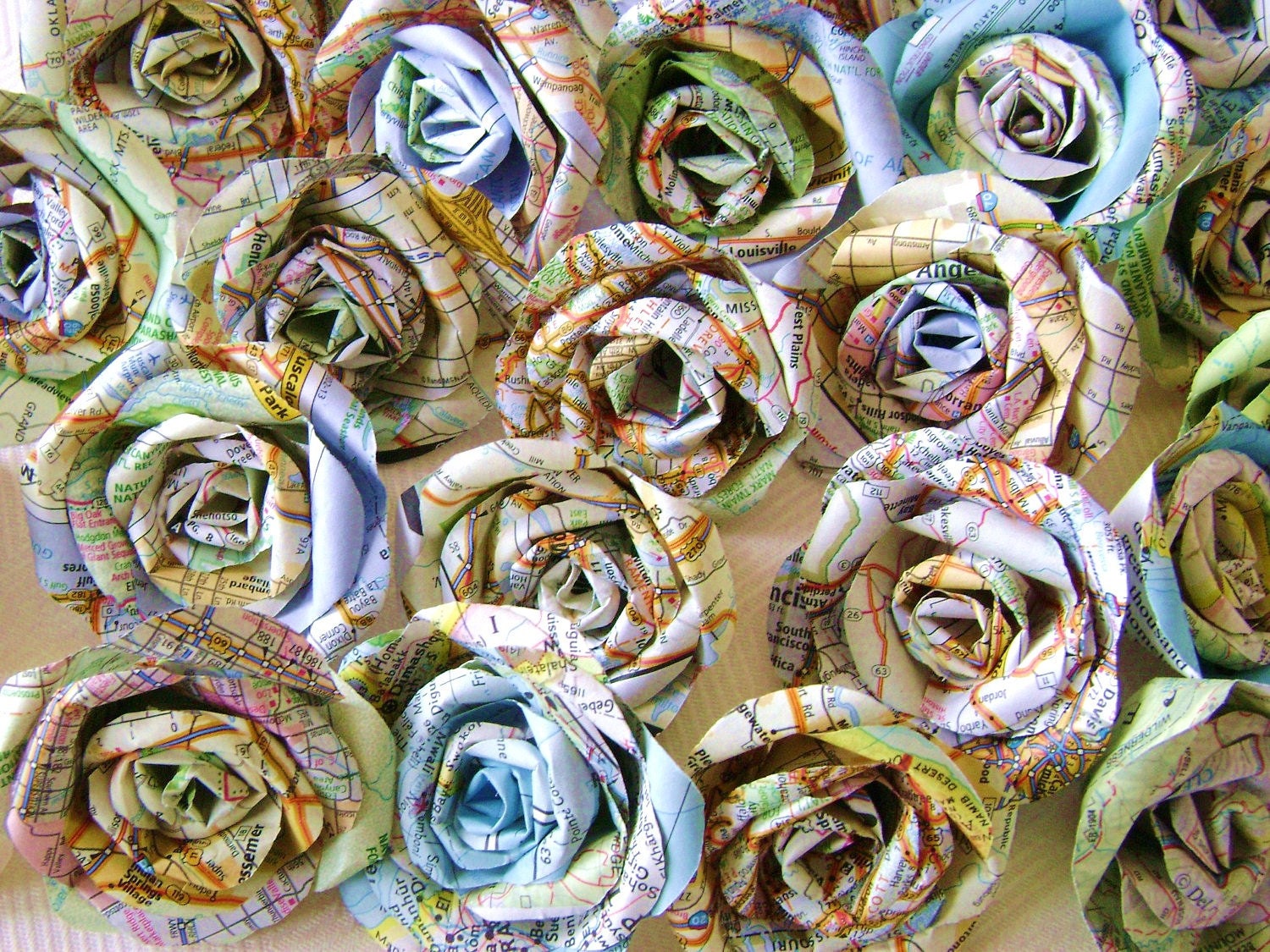 vintage atlas map paper flowers set, bulk lot of 25, wedding decorations, DIY craft supplies, cottage farmhouse decor