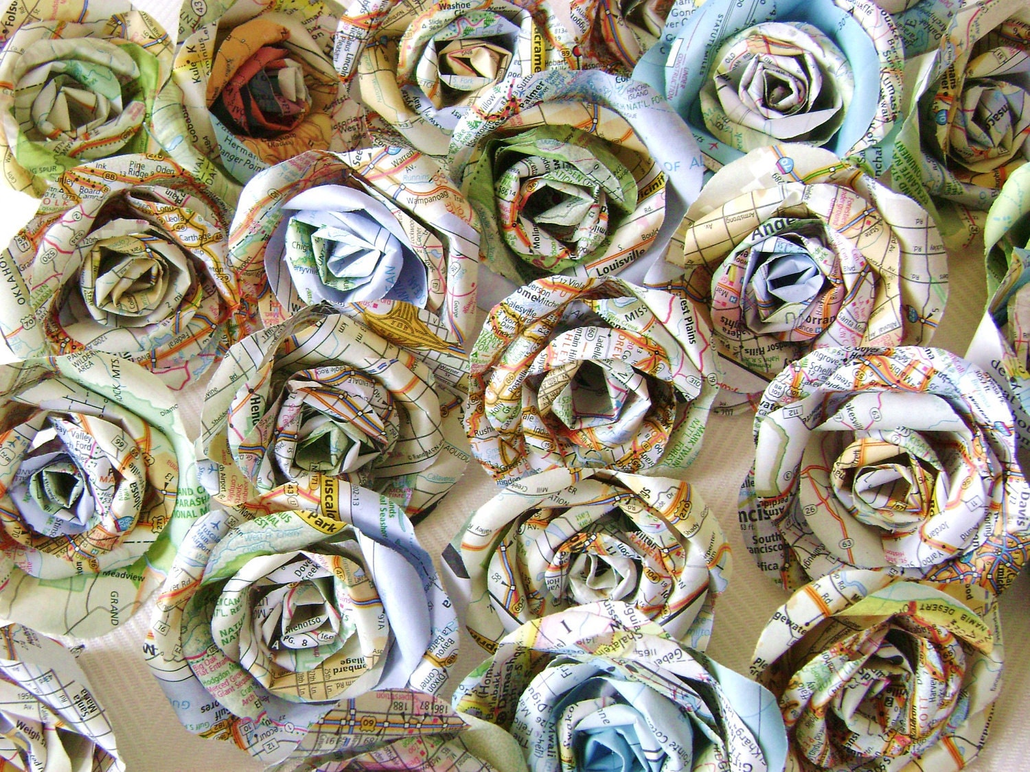 vintage atlas map paper flowers set, bulk lot of 25, wedding decorations, DIY craft supplies, cottage farmhouse decor