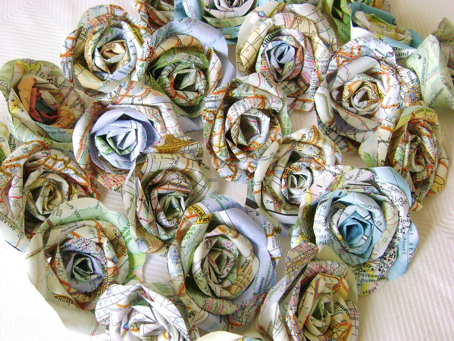 vintage atlas map paper flowers set, bulk lot of 25, wedding decorations, DIY craft supplies, cottage farmhouse decor