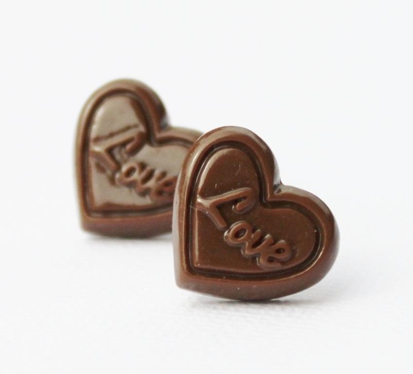 SALE : Chocolate heart earrings. 15mm 0.6 inch. Love. Brown. Food jewelry. Surgical steel. Australian seller