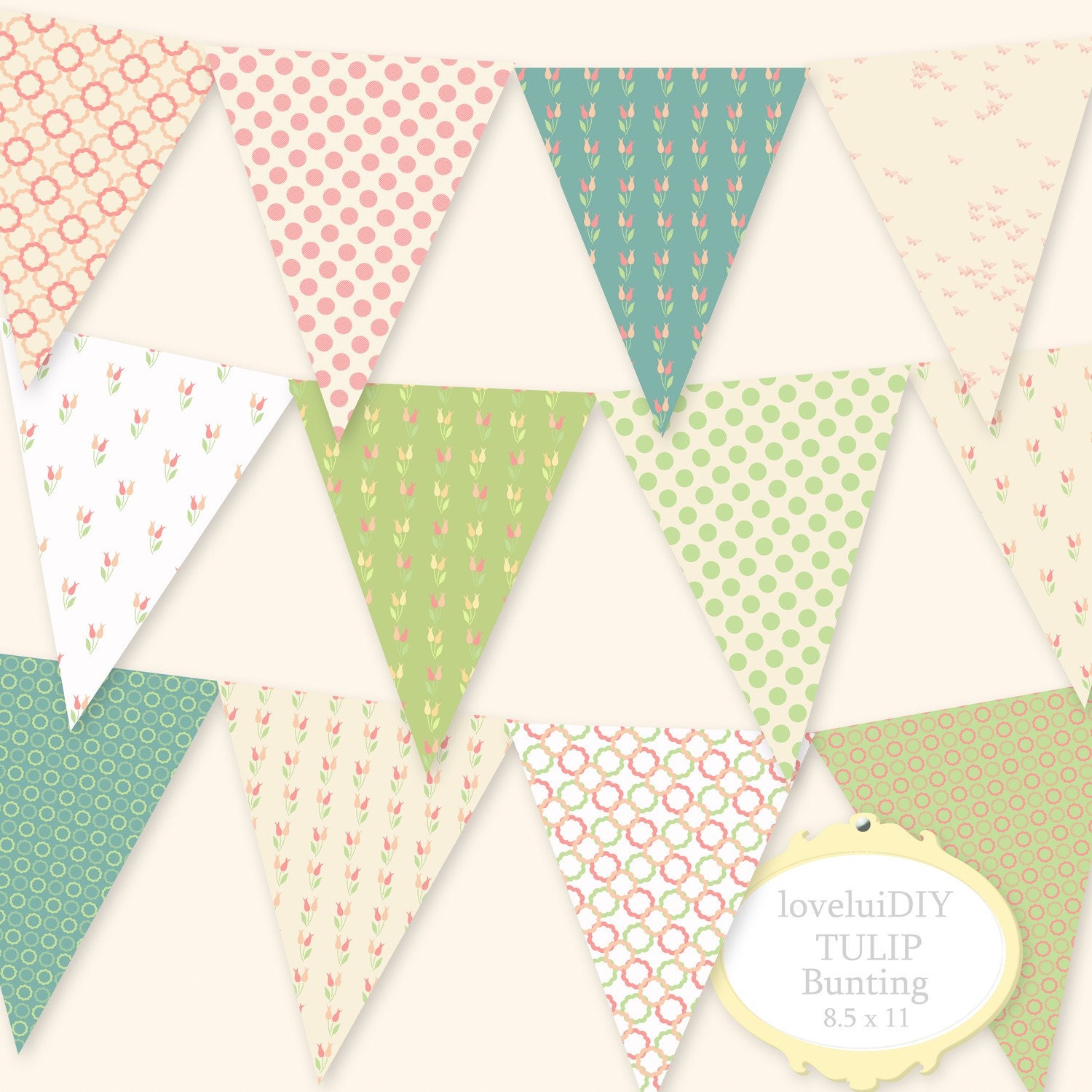 DIY Tulip Bunting Digital Collage Sheet printable download decoration banner party 8.5 x 11 (BTA 003)