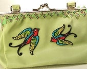 Upcycled Ooak Small Purse.  Bird Appliqués on Lime Green Handbag.