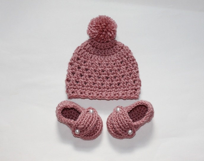 Crocet Pom POm  Beanie and Pearl  Button Loafers in Dusty Rose (size 0-3, 3-6, 6-9, 9-12 months)
