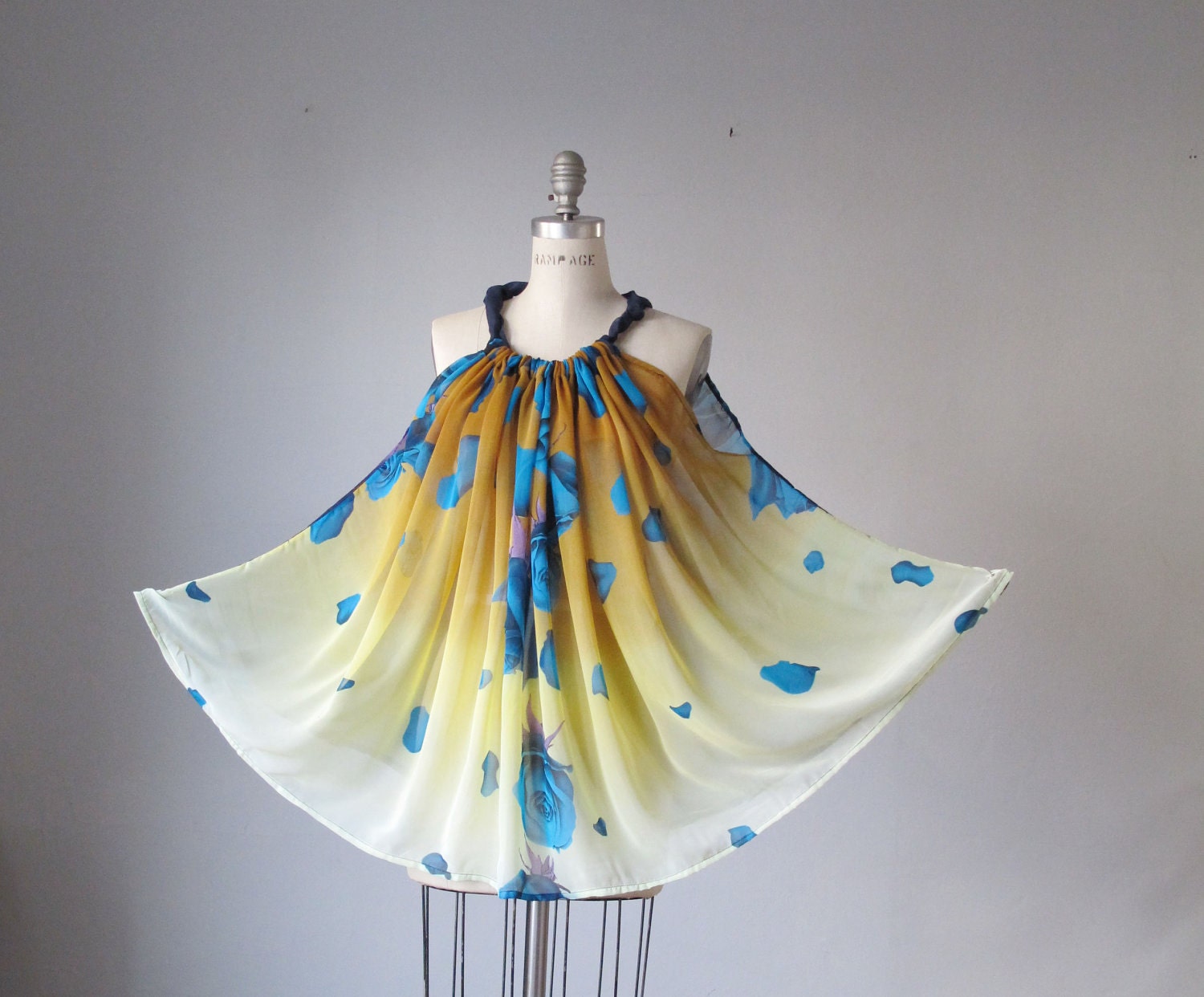Digital printed silk top / Free style / Roses / Yellow /Indigo / Dreamy / Romantic / Tunic / Mini dress