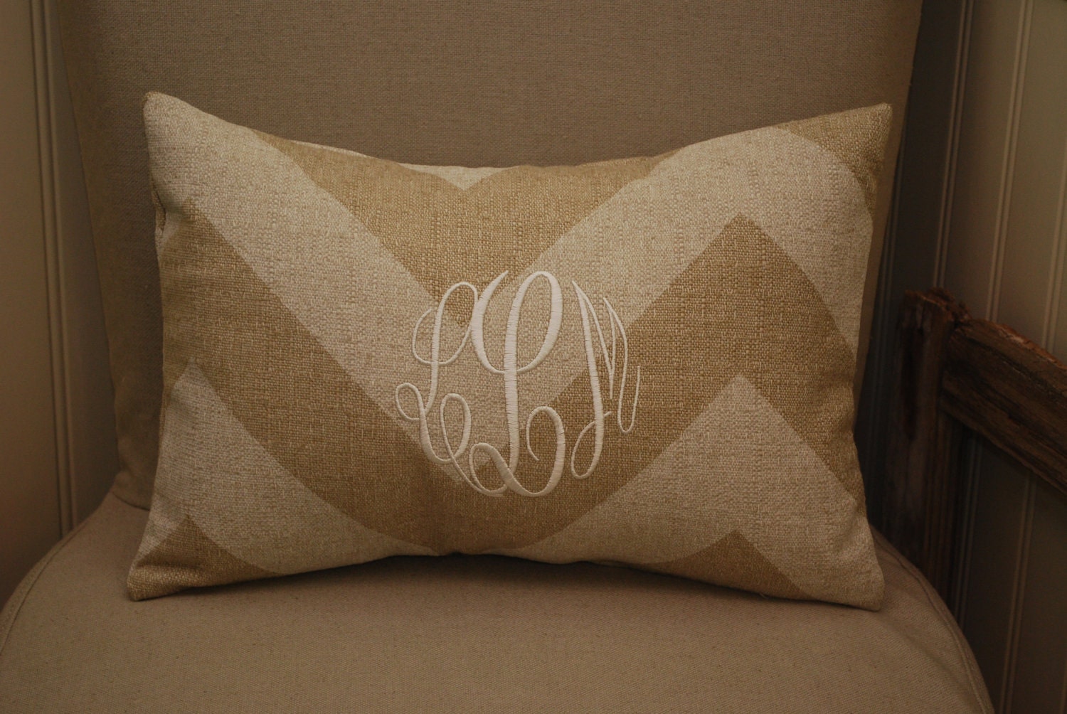 Monogrammed Neutral Chevron Print Throw Pillow-12x16