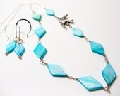 Wire Wrapped Necklace Set- Blue Shell-  Bird Charm- 2 Piece Set-  Handmade Jewelry