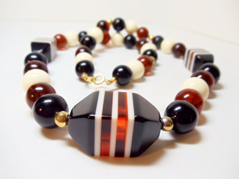 Amber Stacked Bead Necklace- Vintage- Plastic- 1980