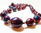Vintage Handmade Clay Beaded Necklace- Knotted- 2 Piece Set- Earrings- 1980- 34 Inches- Purple- Red- Teal