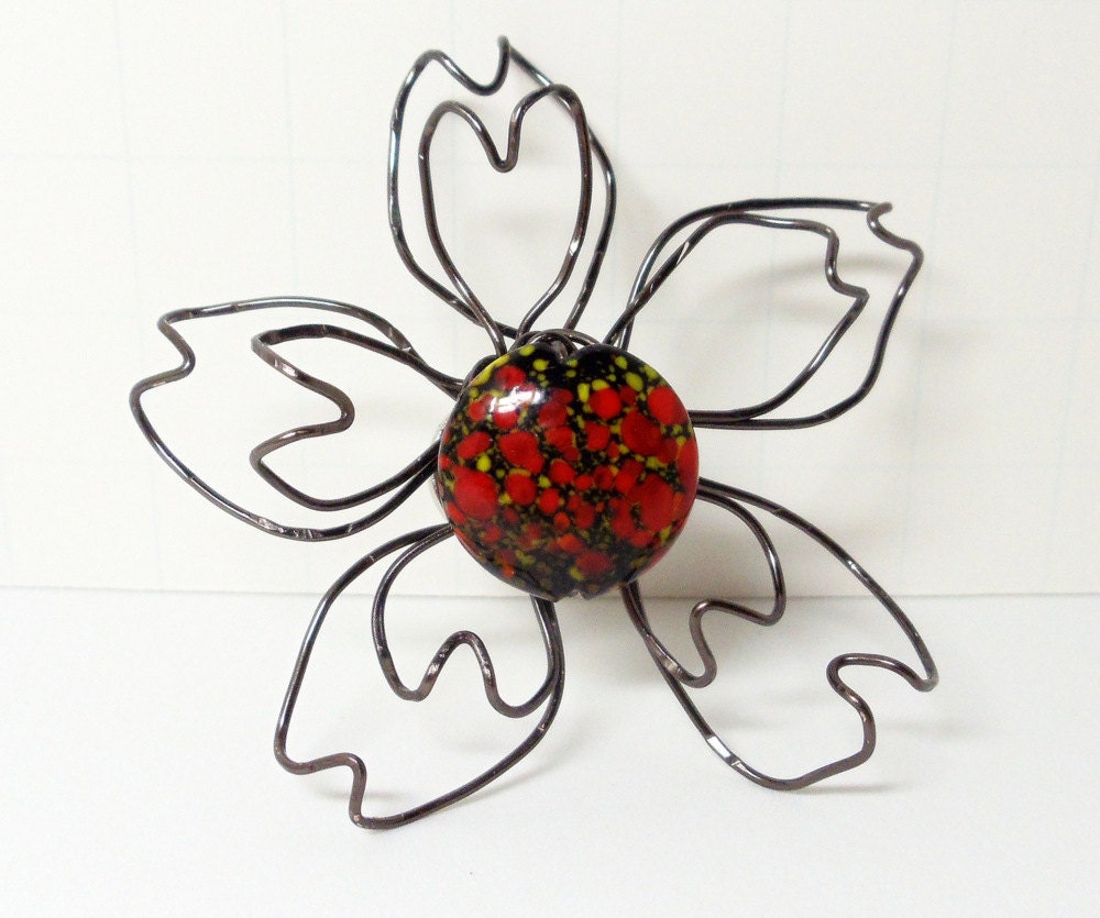 Magnetic Floral Brooch- Wire Wrapped- Vintage Glass- Gunmetal Flower- Scarf Pin- Hat Pin- Handmade Jewelry