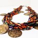 Vintage Tribal Coin Necklace- Multistrand- Colorful- 1980- Wood