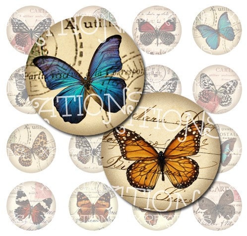Vintage Butterflies - 1 inch rounds, inchies - Digital Collage Sheet
