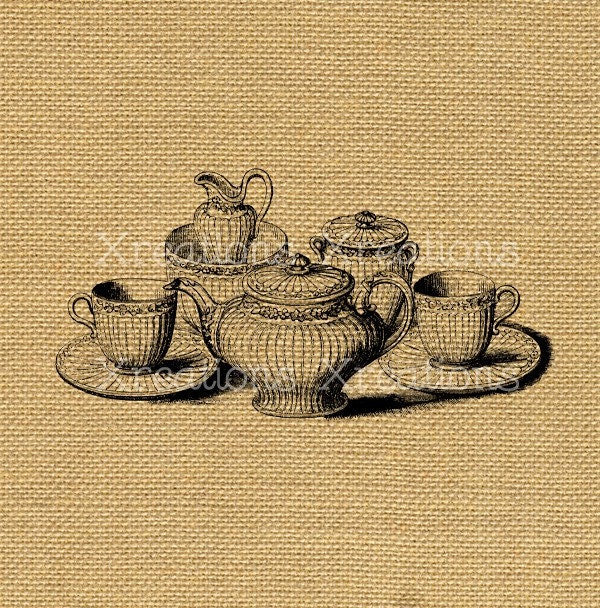 Vintage Tea Set - Images for your canvass tote bags, fabrics, linens, picture frames, notepads, invites - Image Transfers