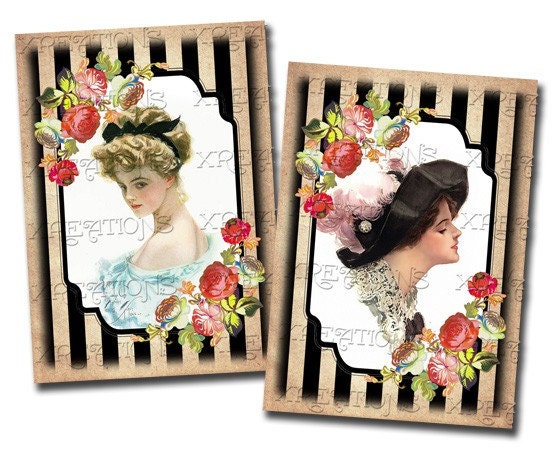 Vintage Illustrations of Women on ATC ACEO size cards - Digital Collage Sheets - Tags, Cards, Altered Art