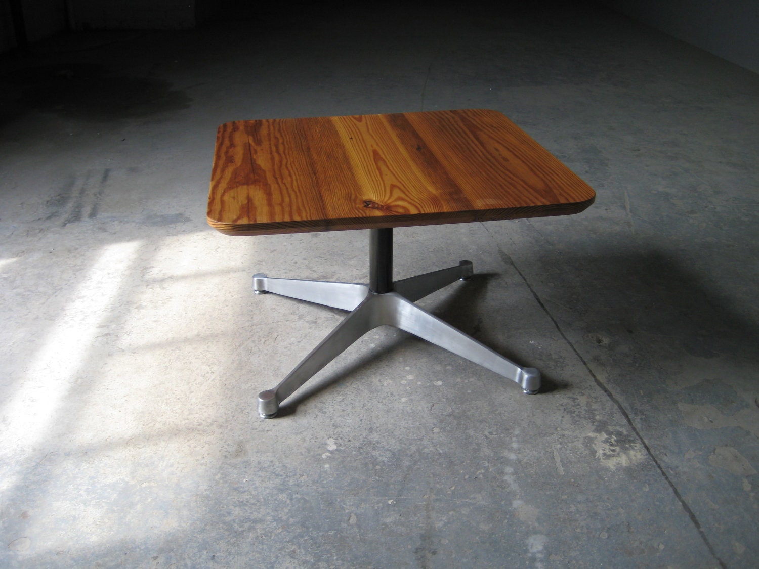 Reclaimed Southern Yellow Pine side table, Eames Contract base.
