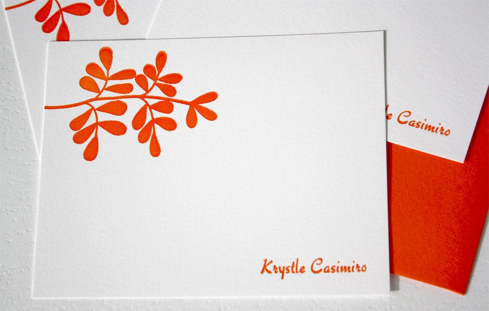 Personalized Letterpress Stationery Leaves Tangerine Orange